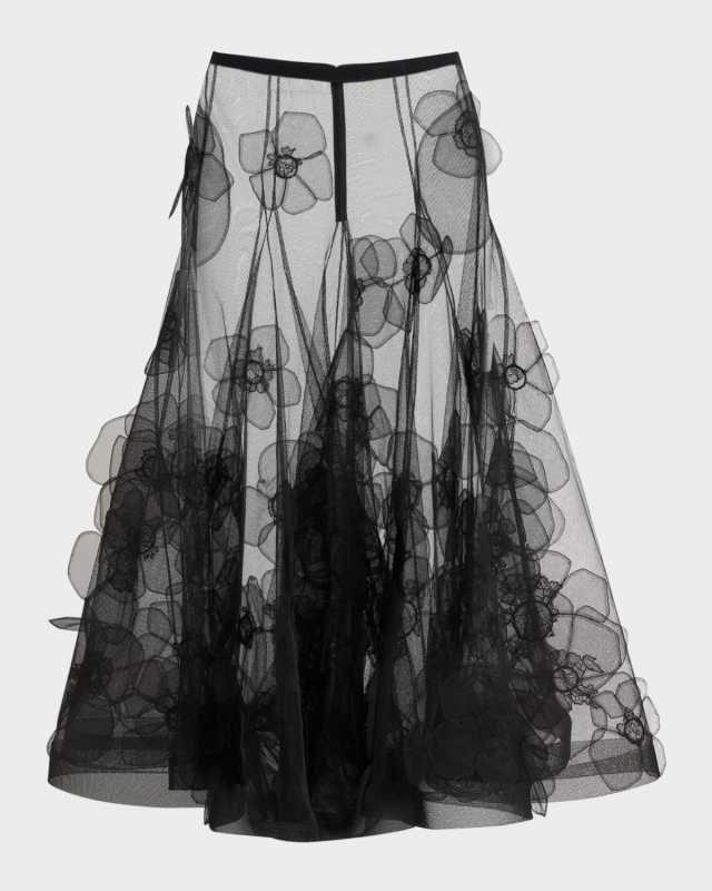 Floral Embroidered Tulle Midi Skirt